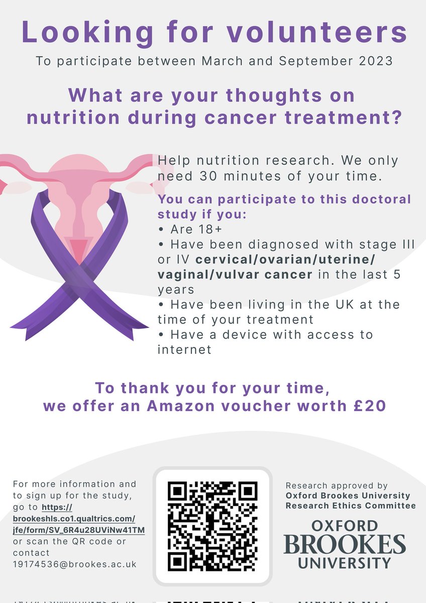 I am doing 30 minutes telephone interviews with people living with and beyond gynaecological cancers. I am interested in their views on nutrition. The final goal is to improve nutritional care during treatment. 
Please help me share!

For more info: brookeshls.co1.qualtrics.com/jfe/form/SV_6R…