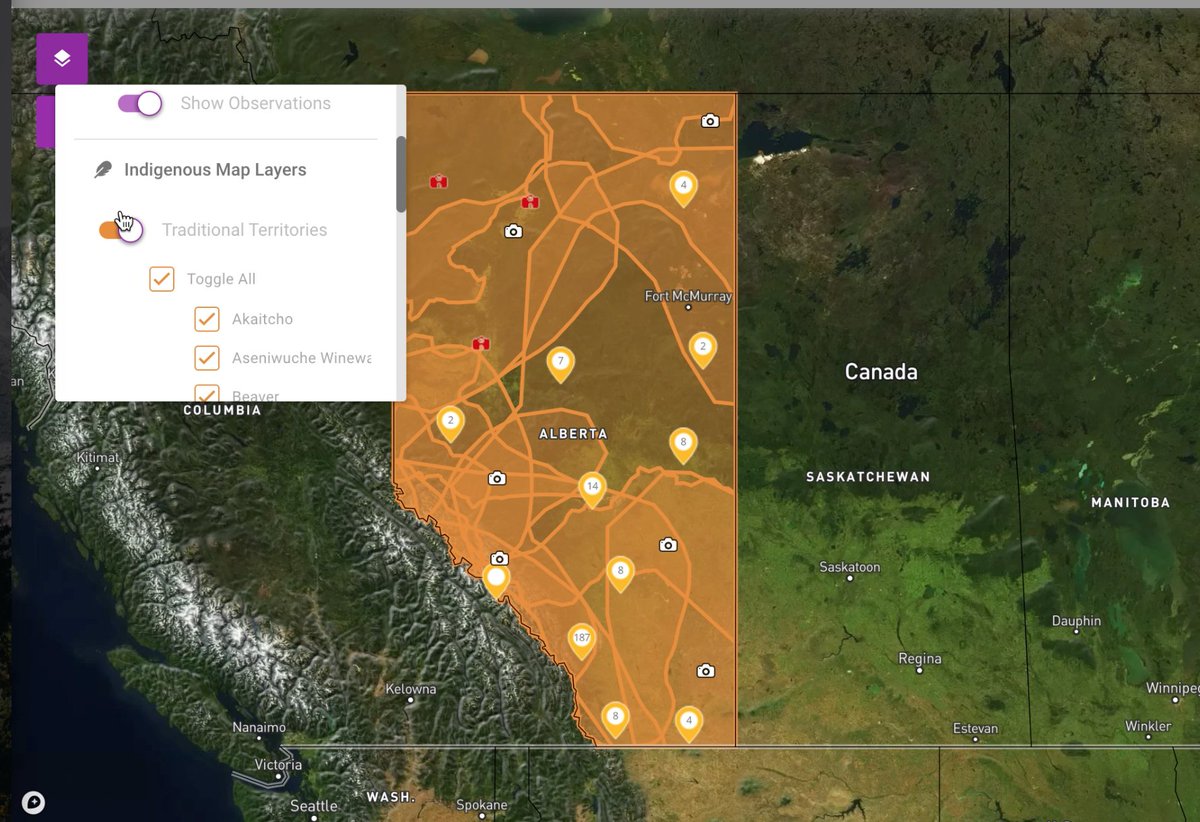 AlbertaTomorrow's tweet photo. Using our #abIndigenous map overlays is easy! Check it out at https://t.co/UuXIXCBWir #landuse #traditionalknowledge #abteachers #abstudents #abed #residentialschoollocations #treatyarea #traditionalterritory #traditionallanguage #metisregions https://t.co/6YBzfcft2J