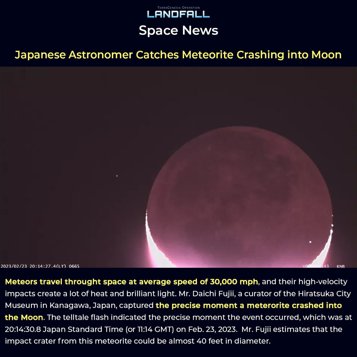 TG_Op_Landfall's tweet photo. That's one hell of a photo! 🌕☄️💥🤩

#landfall #spacegames #indiegames #mobilegames #meteor #meteorite #meteoritestrike #moon #planets #solarsystem #spacenews #space #cosmos https://t.co/2mQQOxf0Bf