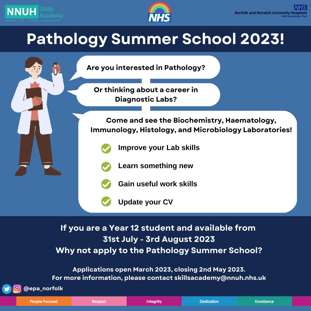 Celebrate Healthcare Science Week by applying for the Year 12 Pathology Summer School at the 
<a href="/NNUH/">Norfolk and Norwich University Hospitals</a>!

The programme will run Monday 31st July to Thursday 3rd August 2023.

Applications will close on Tuesday 2nd May. Apply here ➡️ bit.ly/3YIRiaB

#HCSWeek2023 <a href="/EPA_Norfolk/">Eastern Pathology Alliance</a>