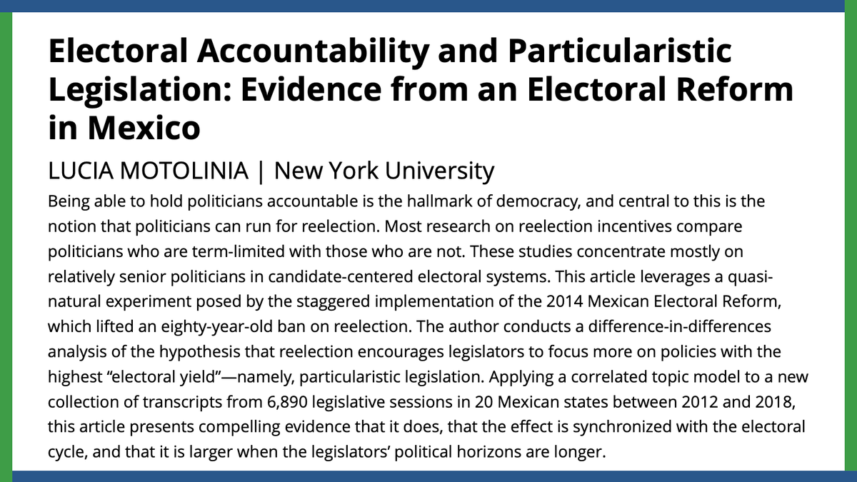 American Political Science Review (@apsrjournal) on Twitter photo #TBT to @LuciaMotoliniaC's quasi-natural experiment derived from Mexico's 2014 Electoral Reform lifting the ban on reelection. She finds compelling evidence that reelections increase particularistic legislation.
<a href="/WUSTLPoliSci/">WashU Political Science</a>
ow.ly/ORBy50NfJMz #TBT to @LuciaMotoliniaC's quasi-natural experiment derived from Mexico's 2014 Electoral Reform lifting the ban on reelection. She finds compelling evidence that reelections increase particularistic legislation.
<a href="/WUSTLPoliSci/">WashU Political Science</a>
ow.ly/ORBy50NfJMz