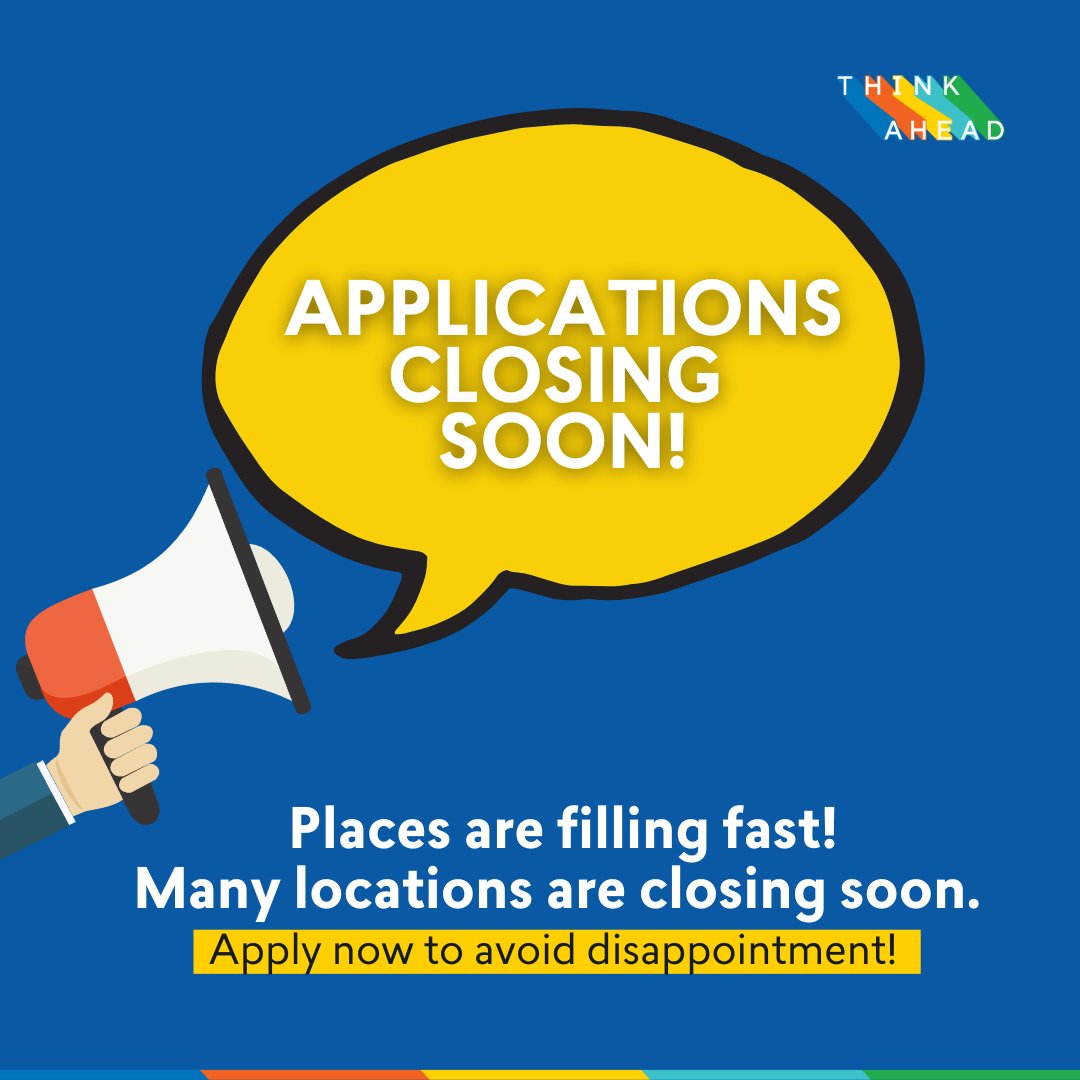 📣 🚨 NEWS: Applications for the #ThinkAheadProgramme are CLOSING SOON in many locations.

We’ve had a fantastic response and places are filling fast! If you haven’t got your application in yet, now is the time!

Registration takes just 5 minutes ⬇️
Visit bit.ly/408LbxD