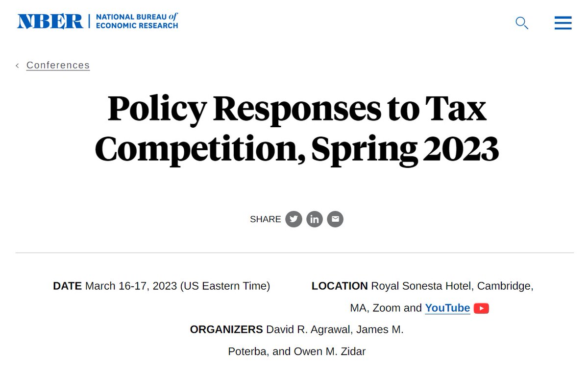 Watch this <a href="/nberpubs/">NBER</a> conference on Tax Competition! <a href="/omzidar/">Owen Zidar</a>

Presentations by <a href="/DonBruceTN/">Don Bruce</a> <a href="/cailin_slattery/">Cailin Slattery</a> <a href="/TeemuLyy/">Teemu Lyytikäinen</a> <a href="/S_Stantcheva/">Stefanie Stantcheva</a> <a href="/Marius_Brulhart/">Marius Brülhart</a> <a href="/KurtSchmidheiny/">Kurt Schmidheiny</a> <a href="/MatthiasKrapf/">Matthias Krapf</a> <a href="/jeffreypclemens/">Jeffrey P. Clemens</a> <a href="/stanveuger/">Stan Veuger</a> <a href="/briangknight/">Brian Knight</a> 

Program &amp; <a href="/YouTube/">YouTube</a> live link
nber.org/conferences/po…