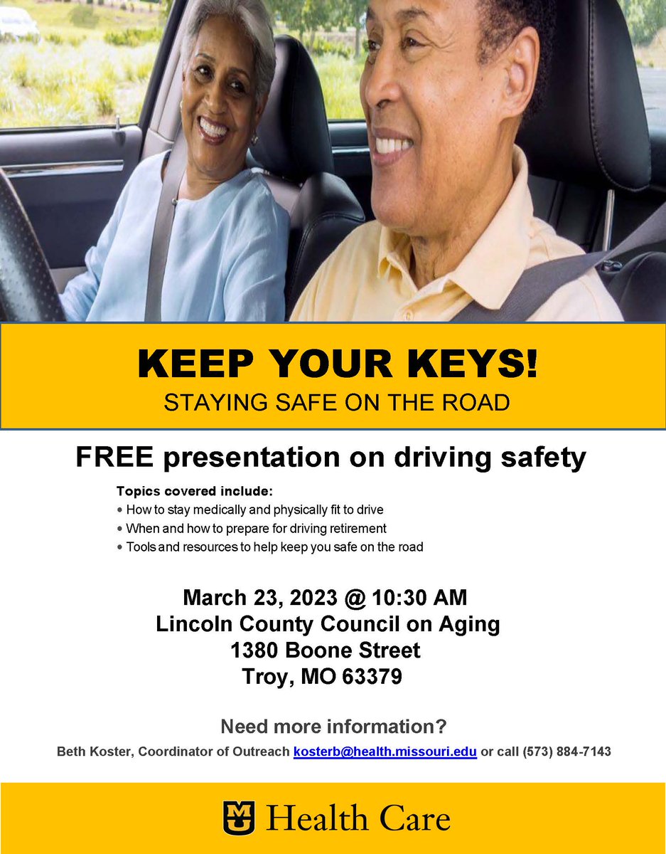 You're Invited! Keep Your Keys! March 23 @ 10:30 AM Lincoln County Council on Aging 1380 Boone Street, Troy, Missouri
