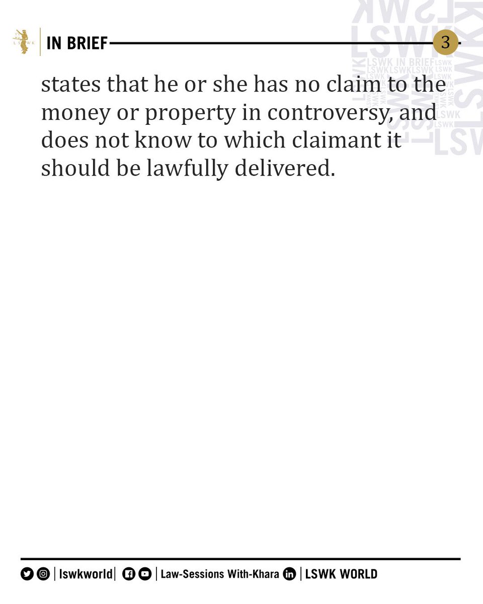 lswkworld's tweet photo. #LSWKInBrief: Interpleader
•
Interpleader is an equitable proceeding brought by a third person to have a court determine the ownership rights of rival claimants to the same money or property that is held by that third person.
•
#LSWK #InBrief #Law #Khara #HTHEXIII #LSWKWorld https://t.co/rJtdVVXVKK