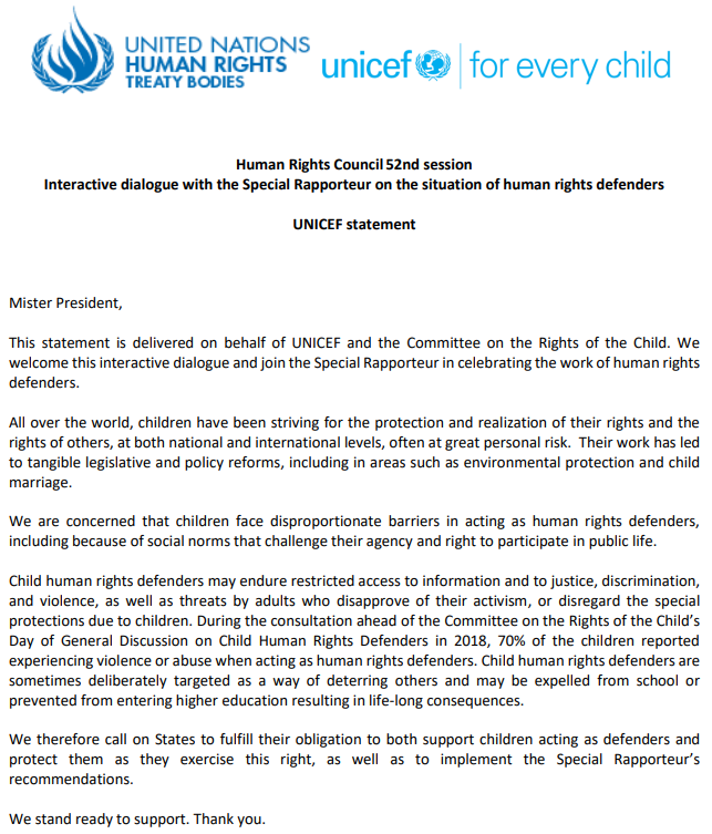 ChildRightsCnct's tweet photo. 📣#HRC52: UNICEF & the #UNCRC Committee join @MaryLawlorhrds in celebrating the work of #HumanRightsDefenders, and call on States to support & protect #ChildHumanRightsDefenders and to implement the Special Rapporteur's recommendations
https://t.co/U1qyzbajr6
#CHRDs #ChildRights https://t.co/NLsl1YaNgl
