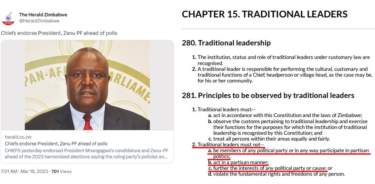 PacheduZW's tweet photo. Chiefs have endorsed ED, ZANU-PF.

It is illegal and unconstitutional for Chiefs to endorse any political candidate or political party.

ZEC has the mandate to educate voters that traditional leaders must never be partisan, but ZEC intentionally avoids this key issue.

@ZECzim https://t.co/RWx1KqEmRY