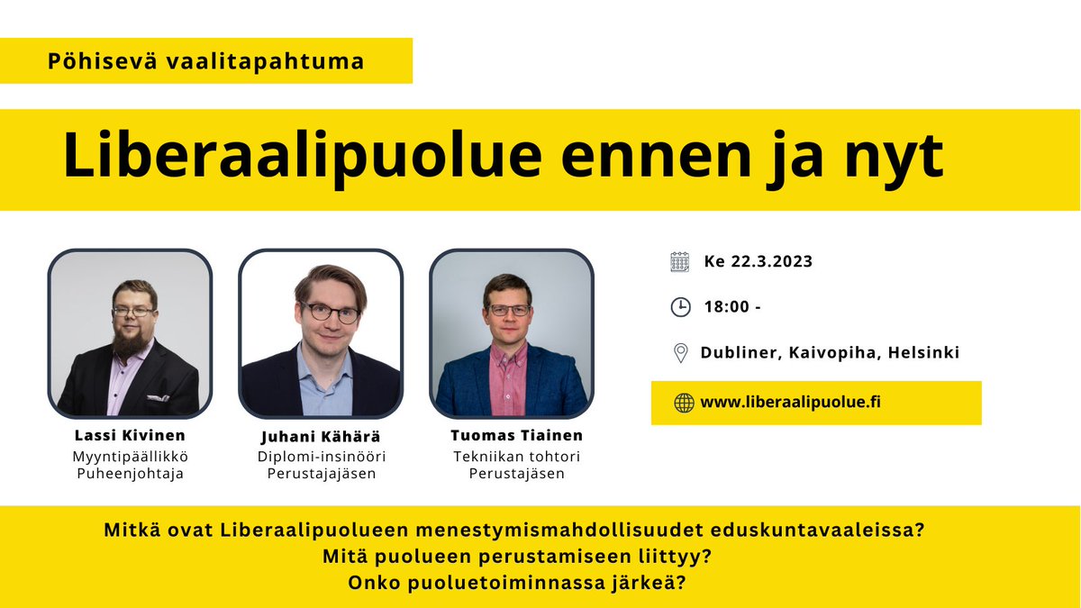 Tule mukaan kuuntelemaan parhaaseen vaalitapahtumaan! Ennakkotietojen mukaan se on jopa parempi kuin ekonomisti-ilta.

Paikalla eduskuntavaaliehdokkaista allekirjoittanut, Liberaalipuolueen pj.  <a href="/KivinenLassi/">Lassi Kivinen | LIB | 🇺🇦</a> ja ex-puoluesihteeri 
<a href="/tiainen_tuomas/">Tuomas Tiainen</a>