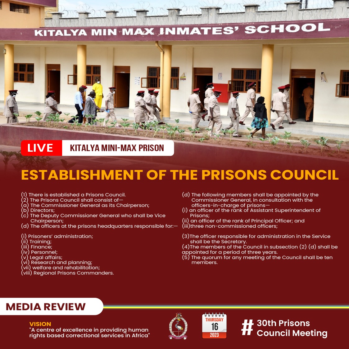 UgandaPrisons's tweet photo. Happening now/ Thursday 16th March 2023.
Article 13 of the Prisons Act of 2006 spells out the Establishment of Prisons Council
#UPSUpdates #VivaUgandaPrisons https://t.co/whTbU0pqRx