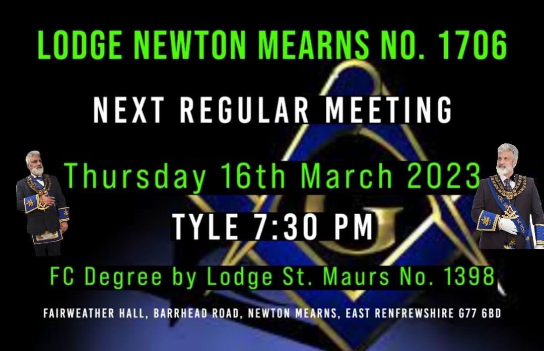 Tonight we are heading to Lodge Newton Mearns No 1706 to confer a FC Degree.