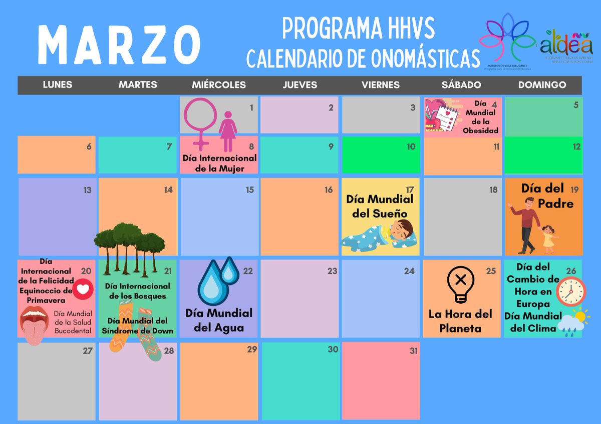 SERVICIO DE ORDENACIÓN EDUCATIVA EN HUELVA (@huelvasoe) on Twitter photo 〽️arzo es un mes de muchas onomásticas relacionadas con los Programas Educativos.
Los miembros del ECP HHVS y ALDEA nos recuerdan las más significativas ⬇️
Día Mundial del Sueño 😴
Día de la Felicidad 😀
Dia de los Bosques 🌳
Día Mundial del Agua 💧
<a href="/ProEdSaludable/">Programa Hábitos Vida Saludable</a> <a href="/programaaldea/">Programa Aldea 💚🌏</a> 〽️arzo es un mes de muchas onomásticas relacionadas con los Programas Educativos.
Los miembros del ECP HHVS y ALDEA nos recuerdan las más significativas ⬇️
Día Mundial del Sueño 😴
Día de la Felicidad 😀
Dia de los Bosques 🌳
Día Mundial del Agua 💧
<a href="/ProEdSaludable/">Programa Hábitos Vida Saludable</a> <a href="/programaaldea/">Programa Aldea 💚🌏</a>