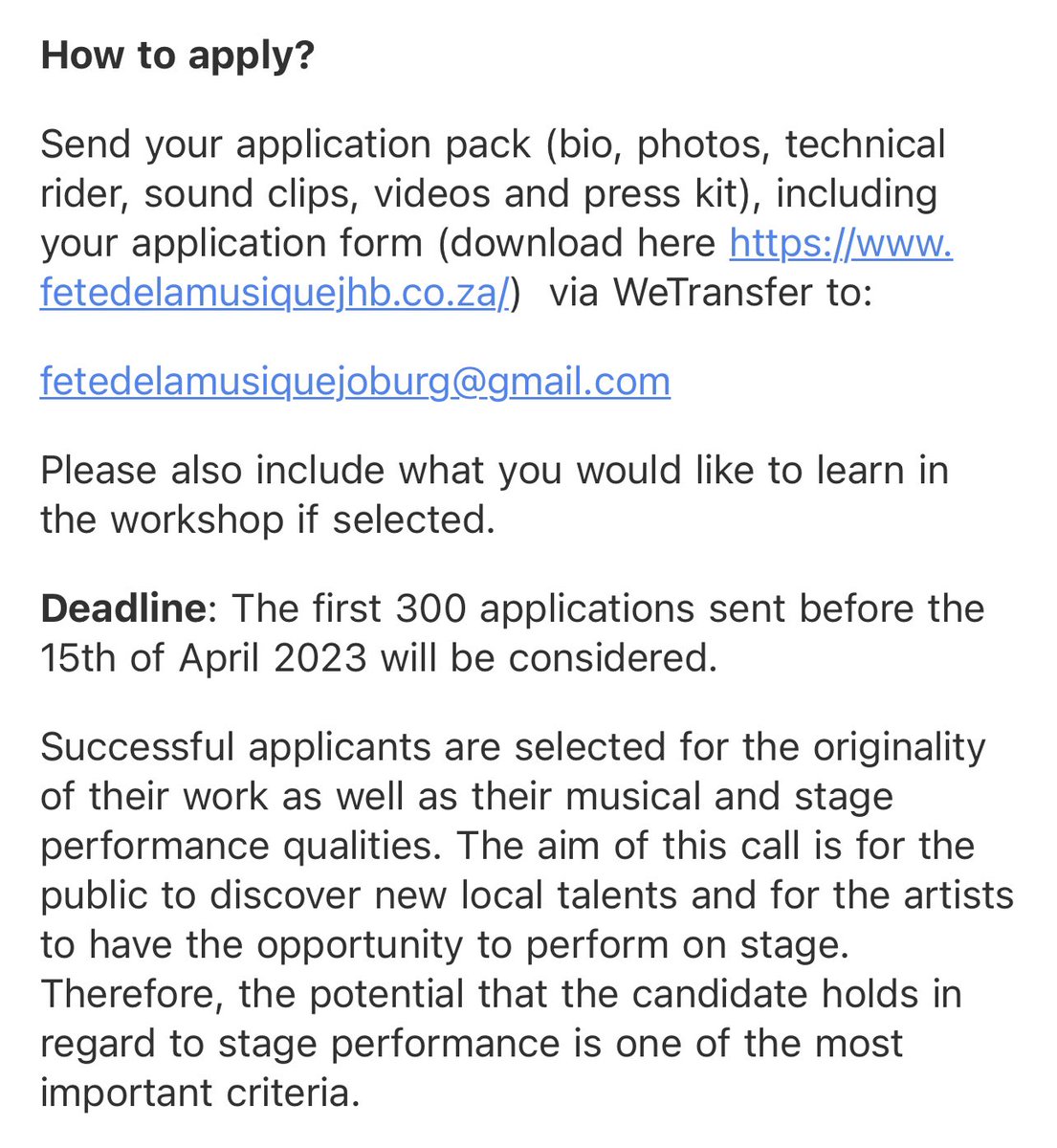 PhilMphela's tweet photo. MUSIC: 

The French Institute of South Africa is calling for musicians, bands, singers and DJs from all music genres to apply to perform in this year’s festival and join in the spirit of the Fête de la Musique which is scheduled for June 24th 2023 in JHB

#KgopoloReports https://t.co/RDn1dM6rVr