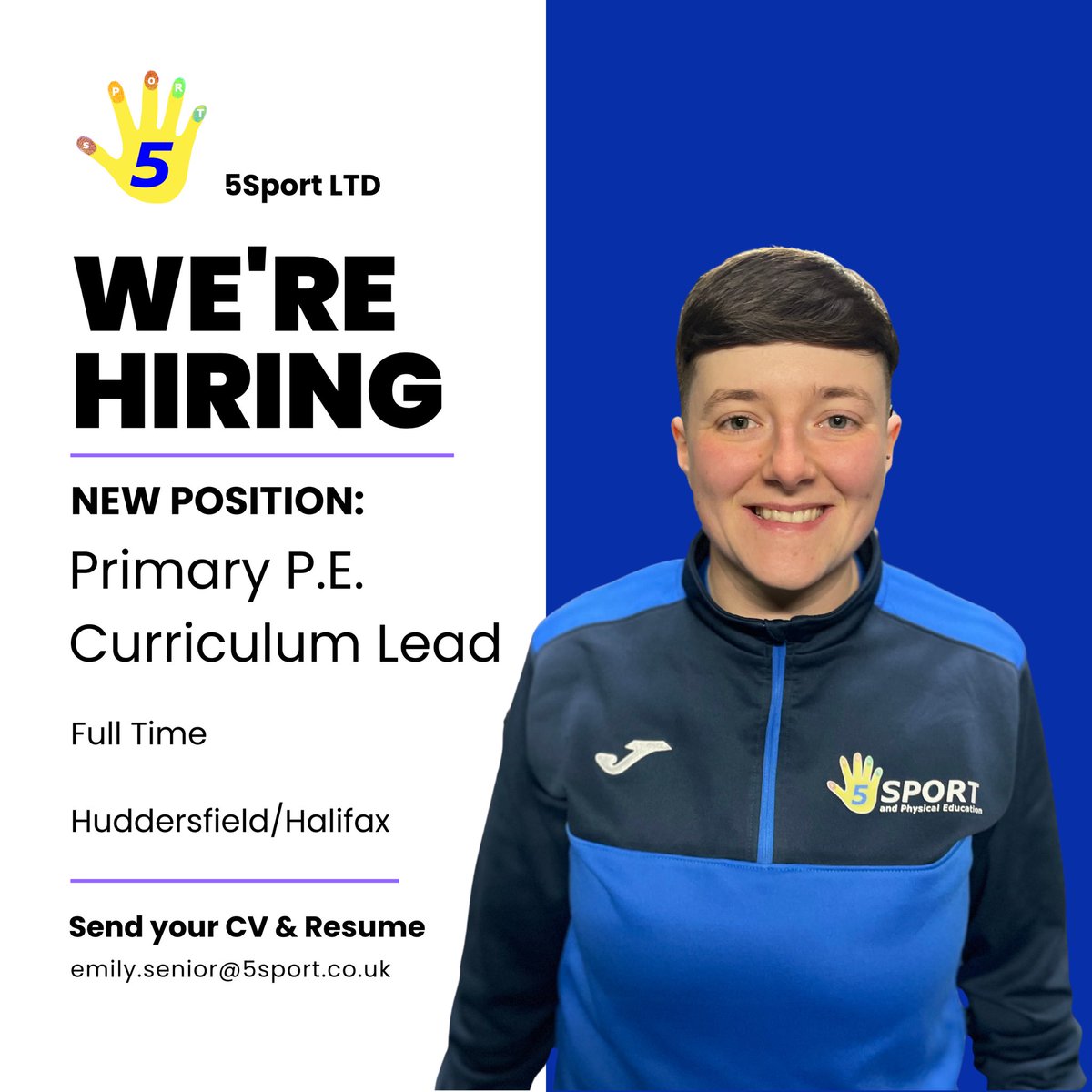 5Sportcoaching's tweet image. NEW VACANCY!
- Primary P.E. Curriculum Lead
- Full Time, Monday - Friday
- Delivering across Huddersfield / Halifax

Full job spec and person spec can be found here:
uk.indeed.com/viewjob?jk=b5a…

Apply via the link or send your cv to Emily.senior@5sport.co.uk