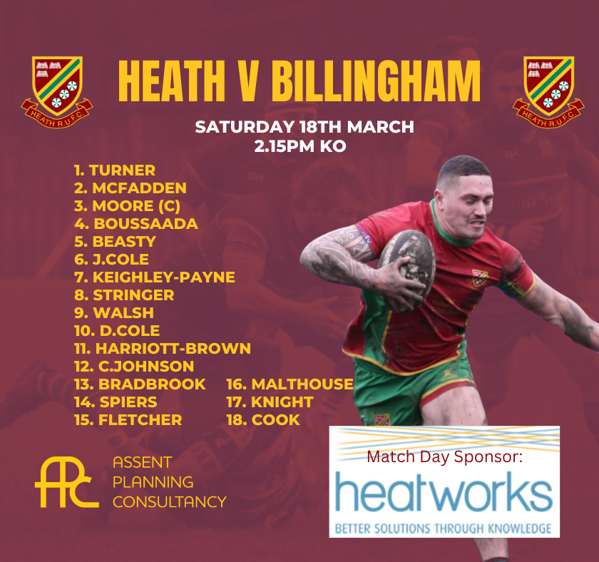 HeathRUFC's tweet photo. 🚨Team Announcements🚨

🆚 1st XV vs Billingham (Home)
🕒 2.15pm KO
🆚 2nd XV vs Morley (Away)
🕒 3pm KO

👏 Sponsored by Heatworks https://t.co/GimPJY2lDM