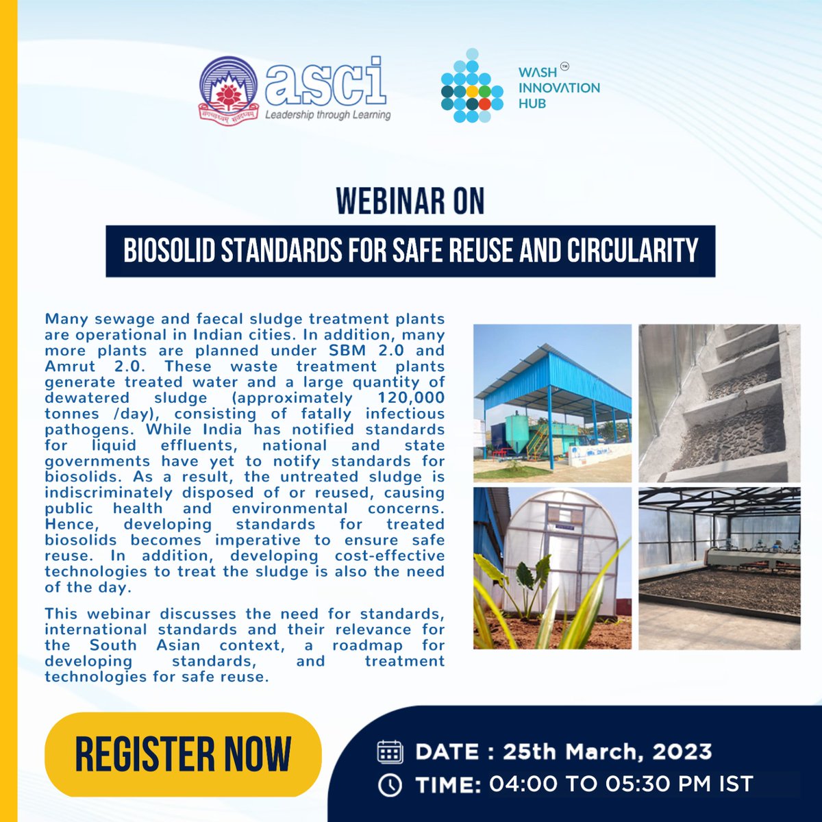 Urban Management - ASCI (@urban_asci) on Twitter photo <a href="/WASH_innovation/">WASH Innovation Hub</a> and <a href="/Urban_ASCI/">Urban Management - ASCI</a> are organising a webinar on 'Biosolid standards for safe reuse and circularity'. Join us as we discuss the need for standards and treatment technologies for safe reuse.
REGISTER Now! shorturl.at/joFMW
#webinar #CircularEconomy #reuse #SDGs <a href="/WASH_innovation/">WASH Innovation Hub</a> and <a href="/Urban_ASCI/">Urban Management - ASCI</a> are organising a webinar on 'Biosolid standards for safe reuse and circularity'. Join us as we discuss the need for standards and treatment technologies for safe reuse.
REGISTER Now! shorturl.at/joFMW
#webinar #CircularEconomy #reuse #SDGs
