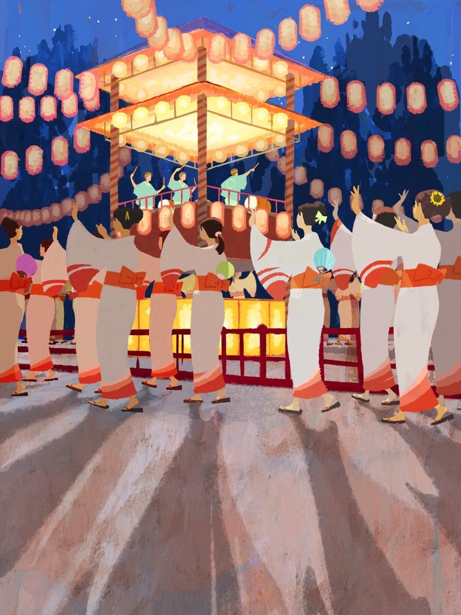 海外の旅行サイト用のイラストで日本(モチーフ指定の指定は「祭り」)を描いたものです。今年の夏はこういう光景が戻りそうですね。
