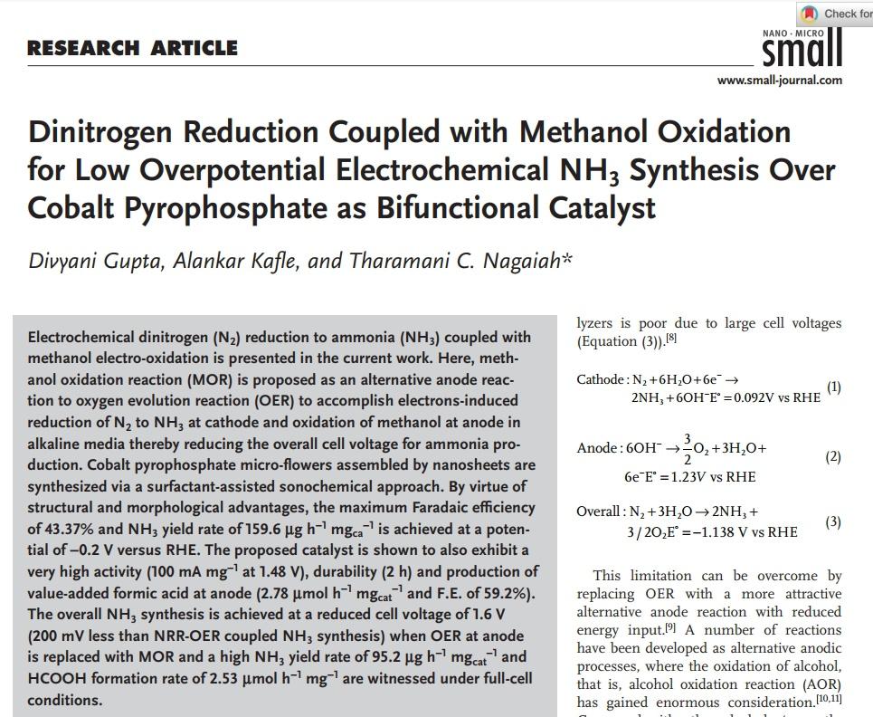 Dinitrogen Reduction Coupled with Methanol Oxidation for Low Overpotential Electrochemical NH3 Synthesis Over Cobalt Pyrophosphate as Bifunctional Catalyst onlinelibrary.wiley.com/doi/10.1002/sm…