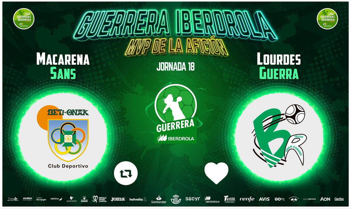Liga Guerreras Iberdrola (@iberdroladhf) on Twitter photo ⭐️ #GuerreraIberdrola - Jornada 18
🆚 <a href="/Beti_guerreras/">Replasa Beti-Onak</a> : <a href="/BMRemudas/">Rocasa Gran Canaria</a>
♻️ RT: <a href="/MacaSans/">Maca Sans</a>
❤️ Me gusta: <a href="/luluguerra13/">lulu guerra</a> ⭐️ #GuerreraIberdrola - Jornada 18
🆚 <a href="/Beti_guerreras/">Replasa Beti-Onak</a> : <a href="/BMRemudas/">Rocasa Gran Canaria</a>
♻️ RT: <a href="/MacaSans/">Maca Sans</a>
❤️ Me gusta: <a href="/luluguerra13/">lulu guerra</a>