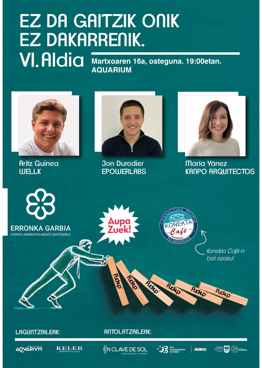 Hoy reeditamos un nuevo encuentro #AupaZuek + #FuckUpNights.

En esta ocasión con un guiño generacional ;-)

Tres emprendedores protagonistas pertenecientes a las generaciones X, Y y Z.

Entradas aquí: 
eventbrite.es/e/entradas-aup…