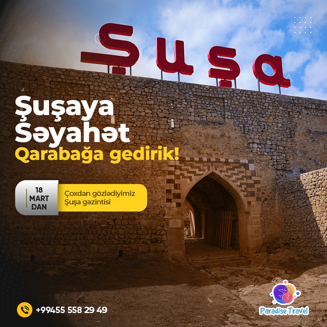 prdstrvl's tweet photo. 📌 Mart ayının 18'dən etibarən 30 illik həsrətində olduğumuz Şuşa turlarımız fəaliyyətə başlamışdır.🇦🇿
📆Tarix/18 Mart
🌙 1gecə-☀️ 2 gün/365 AZN
🌙 2 gecə-☀️ 3 gün/615 AZN
Ətraflı məlumat üçün:
#susa
#qarabag
#Azerbaijan
👩🏻‍💻+994 555582949
👩🏻‍💻+994 705582949

📍Ünvan: Məmməd Araz 43 https://t.co/ZeL7hwx4Up
