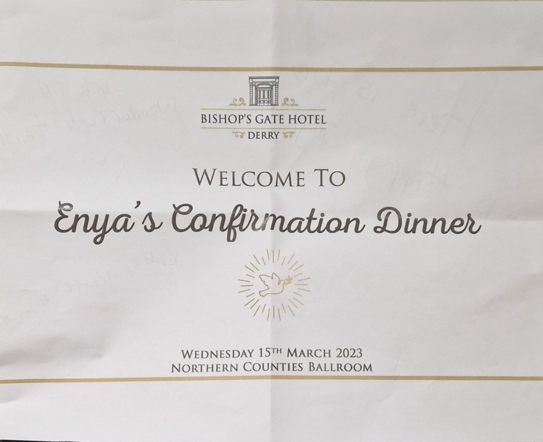 kikiduds's tweet photo. A big thank you to the staff @BGhotelderry last night for making Enyas confirmation meal so special. The food was beautiful. Unbelievable service from start to finish &amp; a wee keepsake note too❤️
#thelittlethings https://t.co/O1xpskB8tz