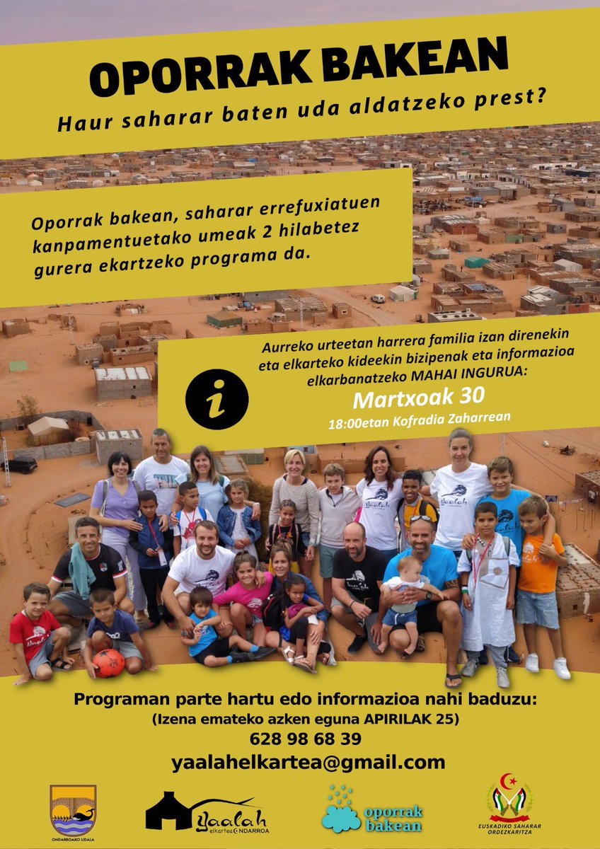 YaalahElkartea's tweet photo. 🇪🇭🌤️ Sahararrak udan Euskal Herrian hartzeko programa martxan! 

Programaren inguruko interesik eduki ezkero edo edozein informazio eskuratzeko jarri elkartearekin harremanetan!

Harrera familia izan direnekin bizipenak eta informazioa elkarbanatzeko MAHAI INGURUA antolatu dugu https://t.co/arTy1TvNYx