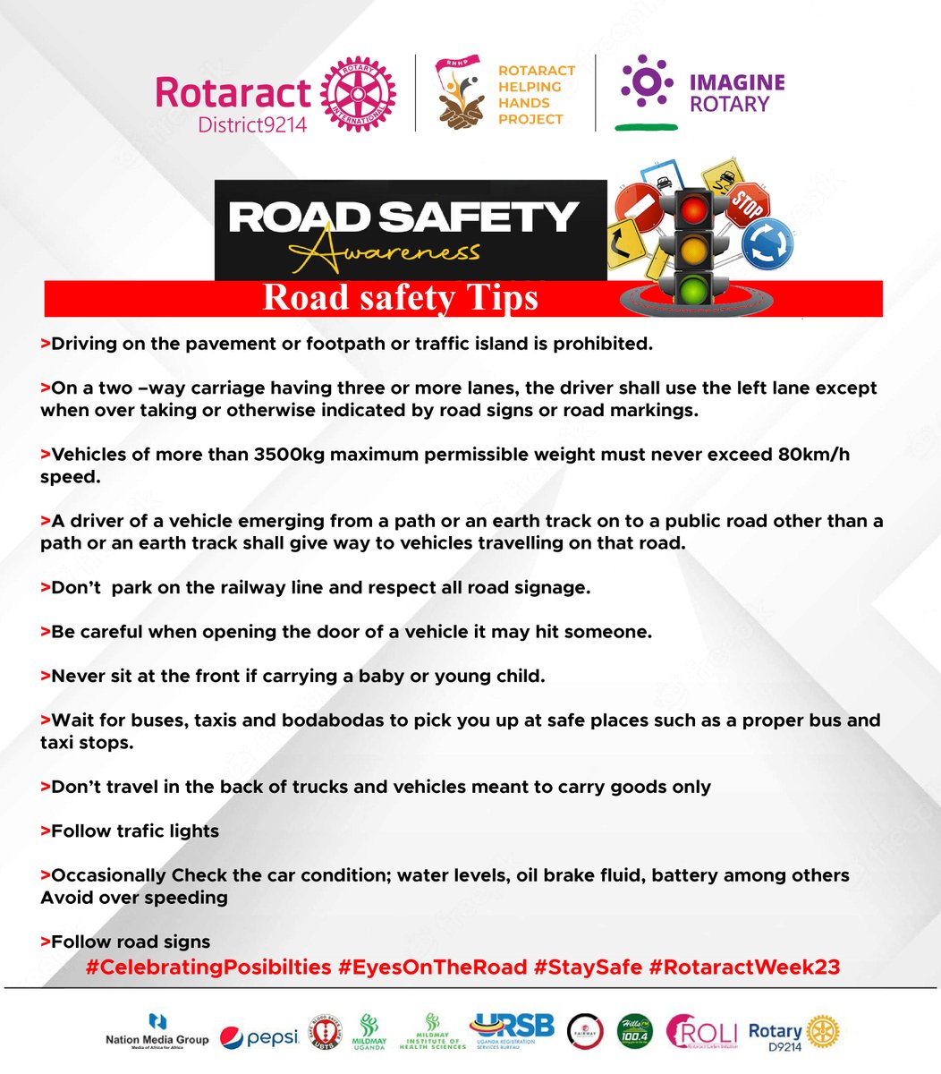 As we continue with the celebrations we ought to be watch full of our safety especially on the roads

#CelebratingPosibilities
#EyesOnTheRoad
#StaySafe 
#RotaractWeek23 #WorldRotaractWeek