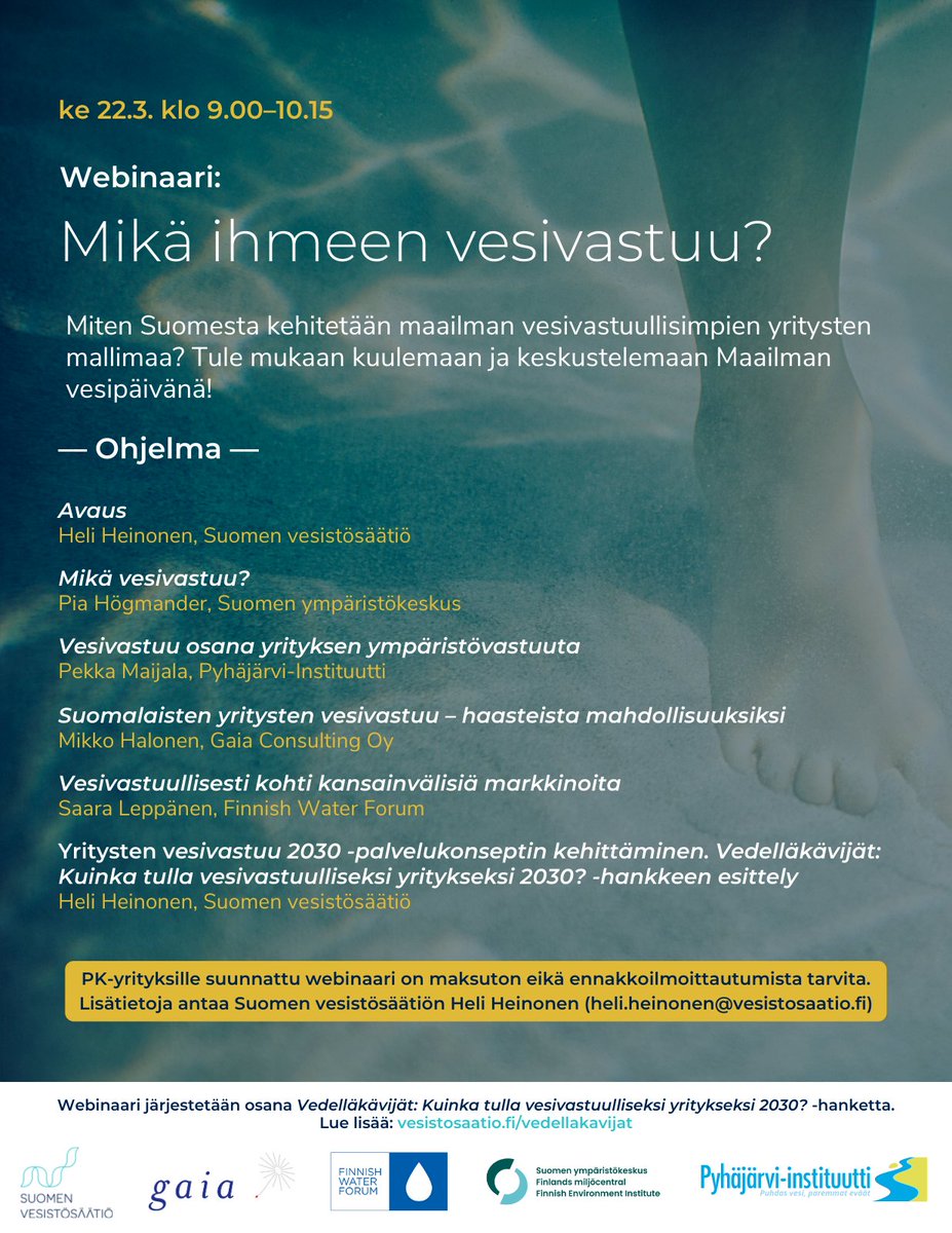 Suomen vesistösäätiö (@vesistosaatio) on Twitter photo 2023-03-16 08:55:43 Miten Suomesta kehitetään maailman #vesivastuu'llisimpien yritysten mallimaa? Maailman vesipäivänä, ensi keskiviikkona 22.3. järjestettävässä #webinaari'ssa keskustellaan aiheesta – lämpimästi tervetuloa! #yritysvastuu Lisätietoja ja osallistumislinkki: vesistosaatio.fi/vedellakavijat/ Miten Suomesta kehitetään maailman #vesivastuu'llisimpien yritysten mallimaa? Maailman vesipäivänä, ensi keskiviikkona 22.3. järjestettävässä #webinaari'ssa keskustellaan aiheesta – lämpimästi tervetuloa! #yritysvastuu Lisätietoja ja osallistumislinkki: vesistosaatio.fi/vedellakavijat/