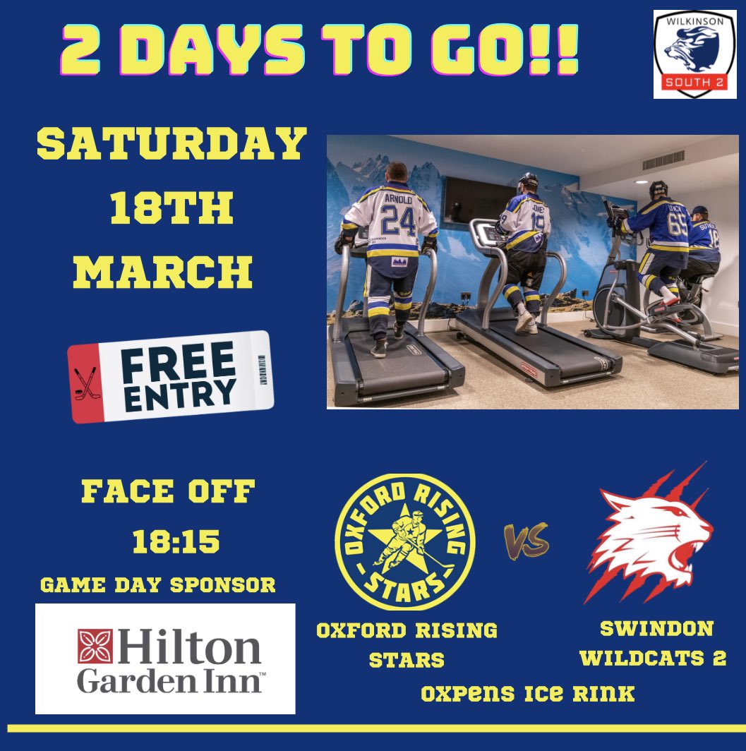 2 Days to go!

FREE Entry

Oxford Rising Stars vs Swindon Wildcats 2

Saturday 18th March 2023
Face off 18:15
<a href="/oxfordicerink/">Oxford Ice Rink</a> 

Game day sponsor: <a href="/HiltonGardenInn/">Hilton Garden Inn</a> Abingdon