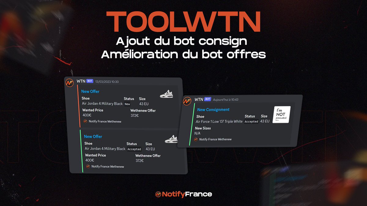 NotifyFrance's tweet photo. Nous avons amélioré l'une de nos nombreuses fonctionnalités ! 💪 

Désormais, nos membres peuvent mettre rapidement et facilement leurs paires en consigne grâce à notre bot #WeTheNew 🤖. 

Soyez les premiers sur le marché en vendant avec l'aide de notre bot #WTN 🚀 !

Rejoins #notifyfrance ➡️ https://t.co/QIlnfdjof2