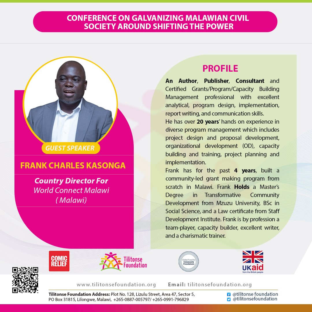TilitonseF's tweet photo. Meet our speakers for the upcoming Shifting the Power principles conference taking place from 22 - 23 March, 2023 at Ufulu Gardens in Lilongwe, Malawi: Frank Charles Kasonga, Country Director for World Connect Malawi https://t.co/26613VKyc1