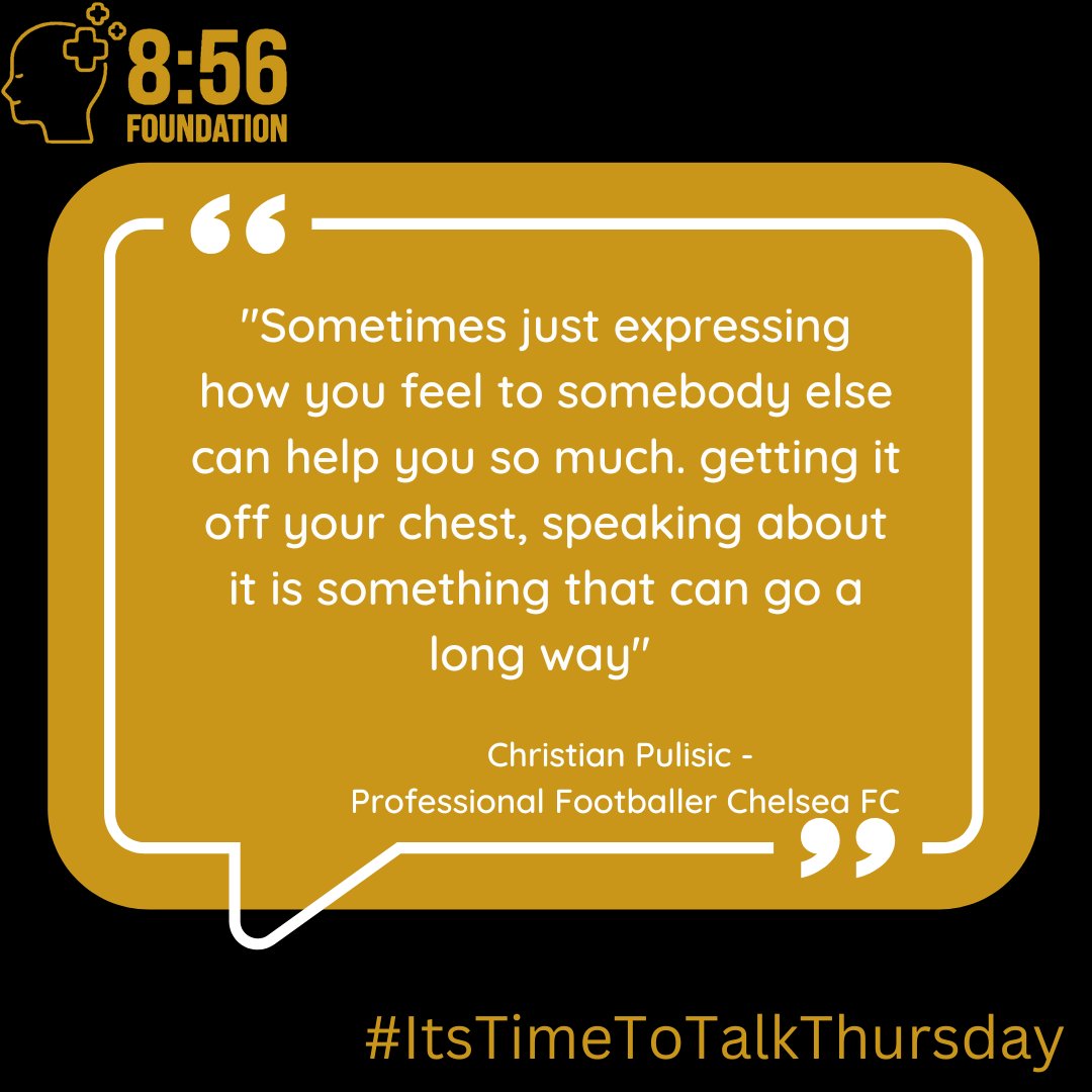 856Foundation's tweet photo. #itstimetotalkthursday
Chelsea Footballer Christian Pulisic talks about how opening up about his loneliness being in his own in Europe helped him
In his case he spoke to a Talking Therapist but it may be professional, but could be a family member, friend or a complete stranger https://t.co/7d9bVAWzux