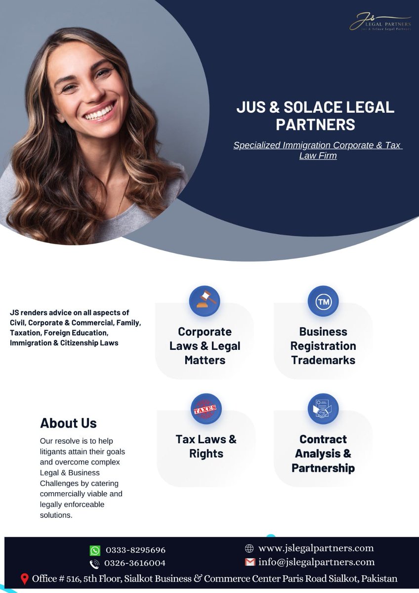 'Legal and Business Expertise that helps'
#legalservices #jslegalpartners #LAWFORALL #internationaleducation #lahorehighcourt #legalcareer #internationalhumanrights #corporateworld #taxation #taxrights #sialkottaxbar #businessregistrationexpert  #immigration #taxlitigation #Sales