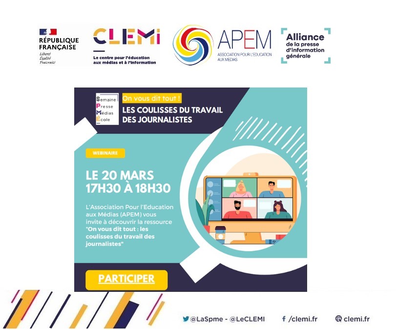 LeCLEMI's tweet photo. L’association pour l’éducation aux médias @APEMedias de l’Alliance de la presse d'information générale @Alliance_Presse, vous dit tout sur les coulisses du travail des journalistes à l'occasion du webinaire #SPME2023 le lundi 20 mars à 17h30.
À suivre➡️https://t.co/acB2WZmEBD https://t.co/DhUlOPJHBV
