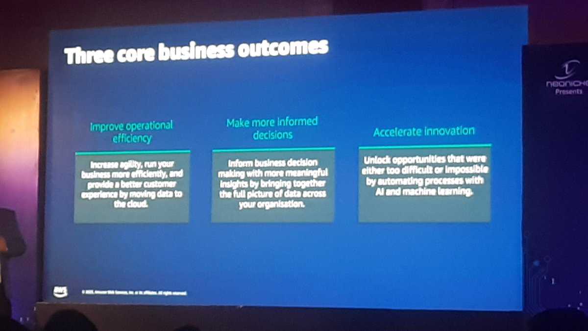 manojvchawla's tweet image. #awscloudconnect 
Three core business outcome
