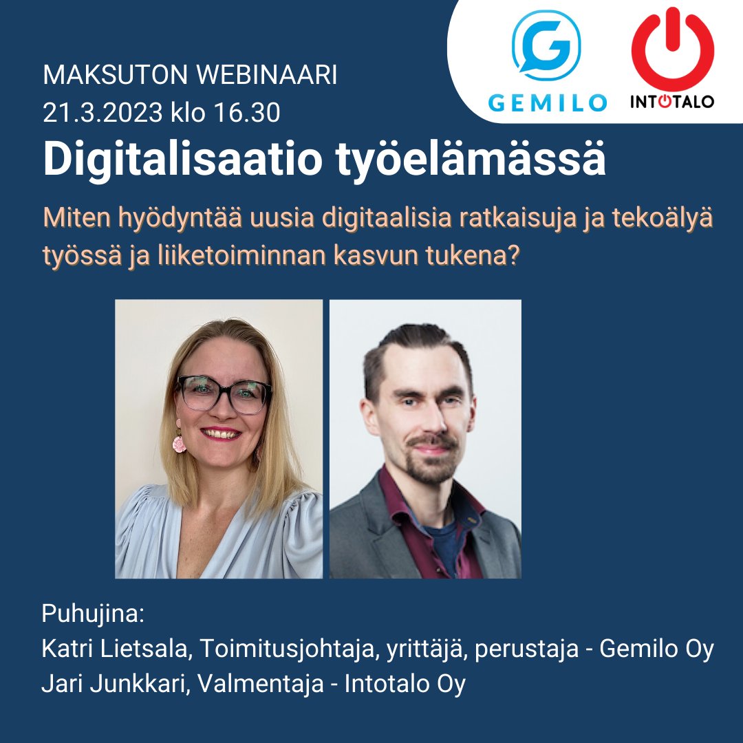Ensi viikolla jo, muista ilmoittautua!🔥

Webinaari: Digitalisaatio työelämässä 21.3.2023 klo 16.30-17:15 (30+15 min)

👉 Lisätietoja ja ilmoittautuminen:
store.mygemilo.com/blogi/webinaar…

Tervetuloa mukaan!