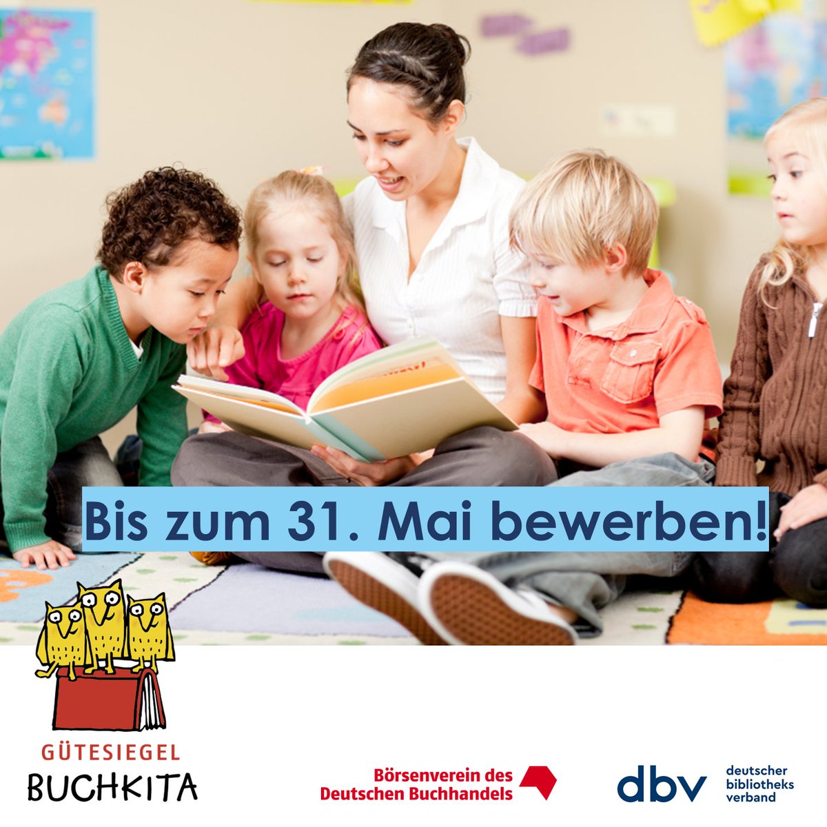 Gütesiegel #Buchkita startet: Gemeinsam mit dem @bibverband suchen wir wieder Kitas und Kindergärten, die sich besonders für frühkindliche Leseförderung engagieren. Jetzt bis 31. Mai bewerben! Alle Infos rund um die Kriterien und das Gütesiegel unter guetesiegel-buchkita.de