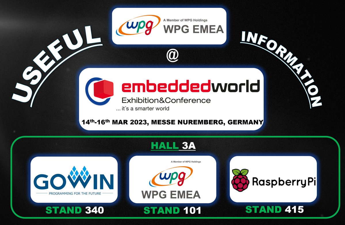 EW23 USEFUL INFORMATION- For those of you visiting @embedded_world this week- @WPG_EMEA have several Technology Partners exhibiting in HALL 3A:

@GOWIN_SEMI - 3A-340
@Raspberry_Pi - 3A-415

#ew23 #TechnologyPartner