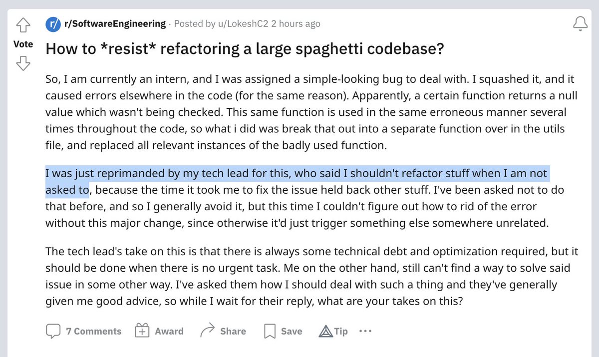 simonbrown's tweet photo. The possibilities here are endless!

- poor organisational culture re: quality (e.g. few tests)
- inexperienced tech lead
- experienced tech lead with a bad team
- strong product owner prioritising feature delivery
- weak tech lead unable to make time for tech debt tasks
- etc https://t.co/TDONoB6F4P