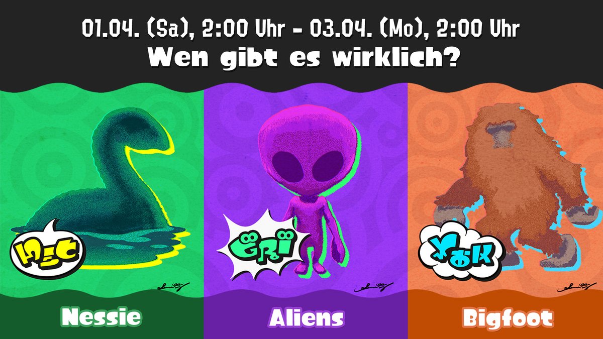 NintendoDE's tweet photo. Das nächste Splatfest findet am 01.04 statt! Diesmal geht es um drei legendäre Wesen - aber welchen von ihnen gibt es eurer Meinung nach wirklich? https://t.co/vZHIp450Wd