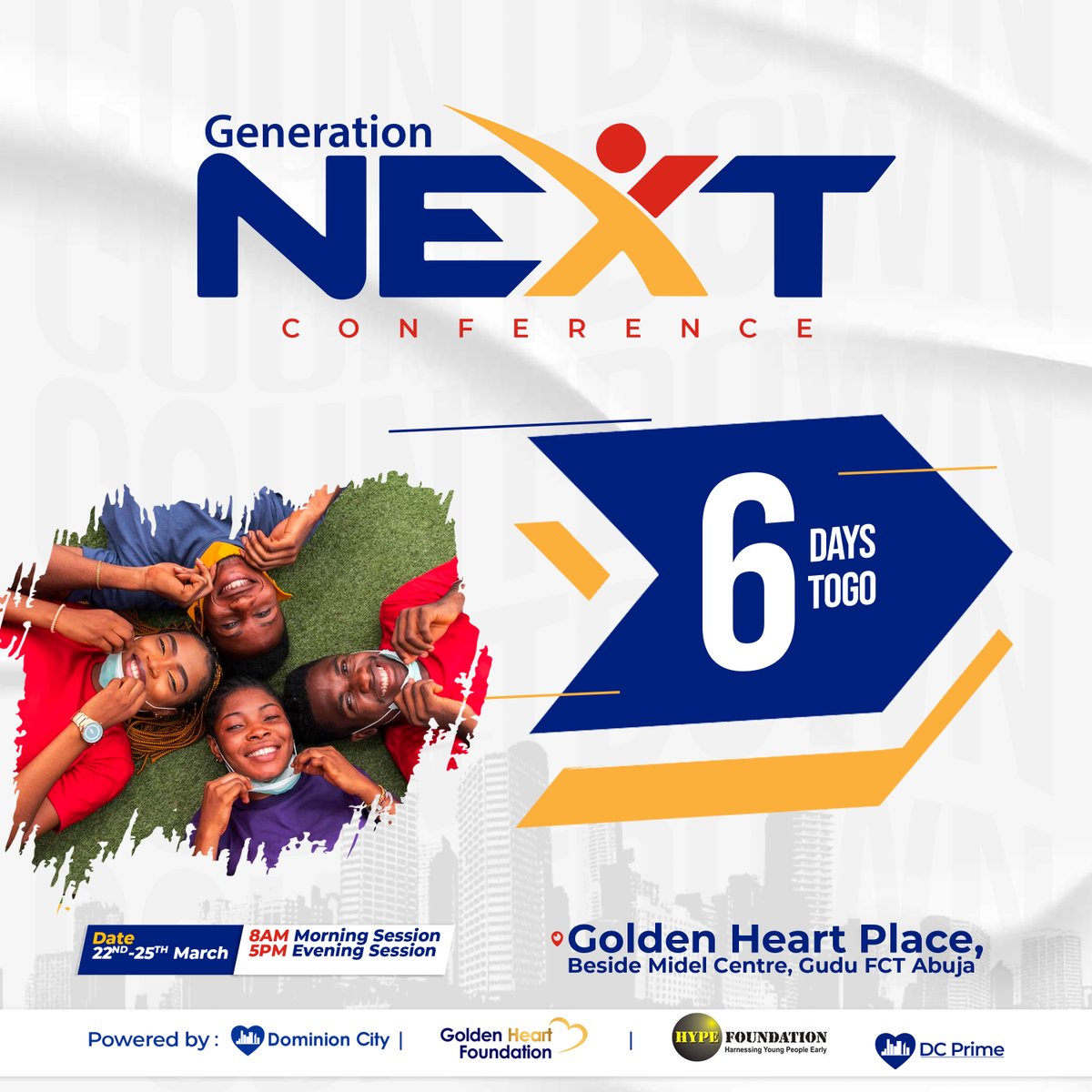 dcprimeabuja's tweet photo. How excited are you?? Generation Next is only 6days away. Register Now: https://t.co/1K91PhKyEX.

#generationnext #prime #dcprime #dcprimeabuja #primesundays #primesunday #hypefoundation #dominioncity #dominioncityabuja #dominioncityglobal #project10000souls #explore #explorepage https://t.co/VHQzjCdczD