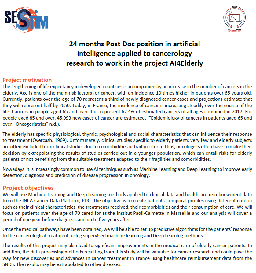 SESSTIM's tweet photo. [#Emploi] Our QuanTIM team is looking for a #PostDoc in #ArtificialIntelligence applied to cancerology research to work in the project AI4Elderly ! ⤵

💻 https://t.co/oIrjzjqlHh

#DeepLearning #MachineLearning #Oncology #Elderly #MedicalPathways #PublicHealth https://t.co/9GTjYND7HP