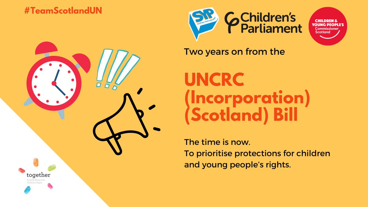 ⏰ The time is now for #MakingRightsReal!
 
📜 Today is the 2nd anniversary of the #UNCRCScotland Bill being passed in the @ScotParl

💬 We’re asking decision makers to commit to children & young people’s rights by bringing the Bill back to Parliament ASAP!