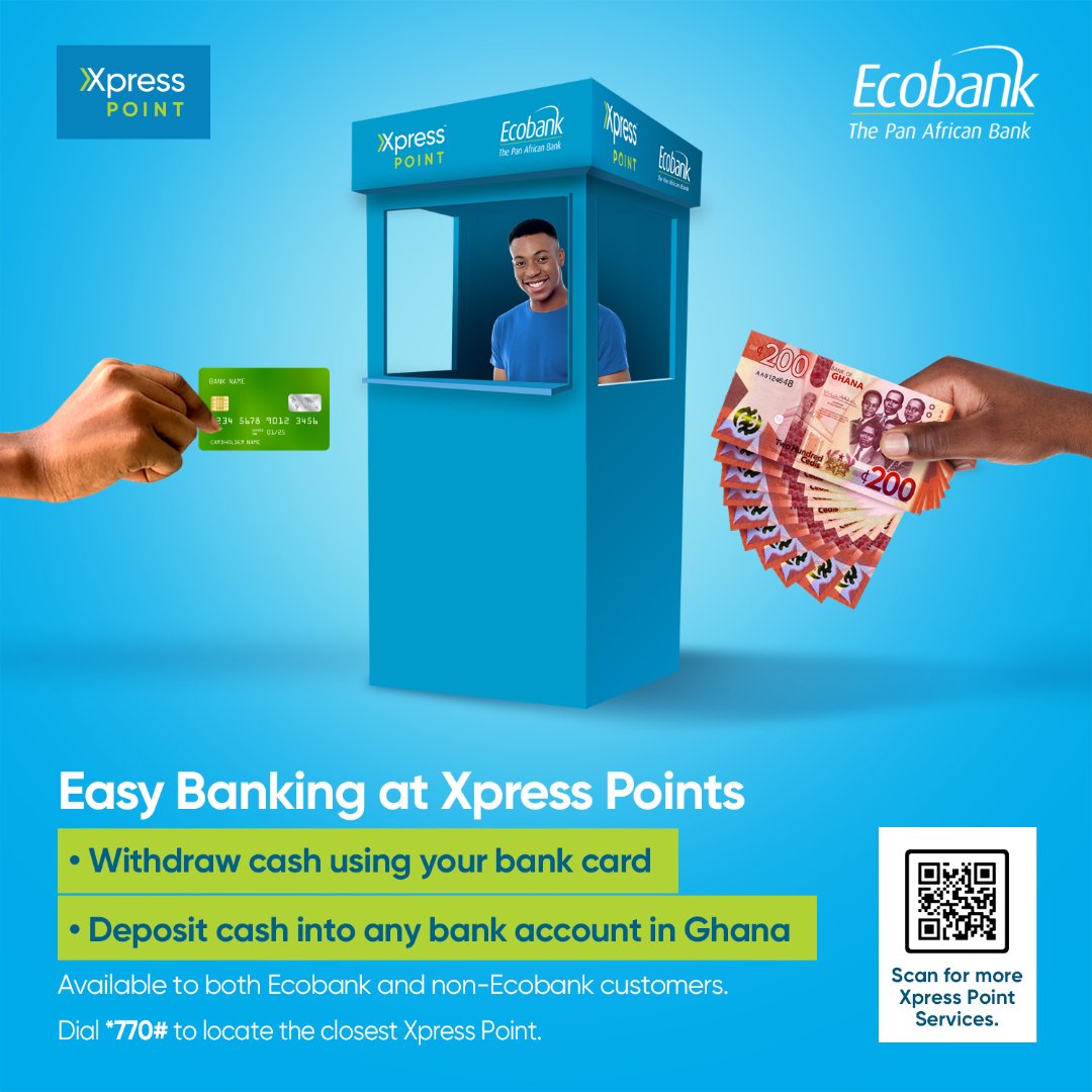 EcobankGhanaPLC's tweet photo. Do you know you can transact at any Ecobank Xpress Point, no matter your bank? Make cash withdrawals with your bank ATM, deposit cash or make transfers into any bank account, and more. Just dial *770# to locate an Xpress Point near you.
#XpressPonit
#Dial770
#ThePanAfricanBank https://t.co/nBiTTrtjyR