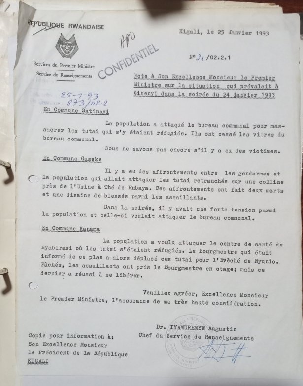 1) Abahakana n'abapfobya Jenoside amateka arabakwena. Ku itariki ya 25 Mutarama 1993, Hon. Dr. Augustin Iyamuremye yandikiye Minisitiri w'Intebe Dismas Nsegiyaremye anabimenyesha Perezida Juvenal Habyarimana, atabariza Abatutsi bicwaga mu makomini ya Satinsyi, Gaseke na Kanama.