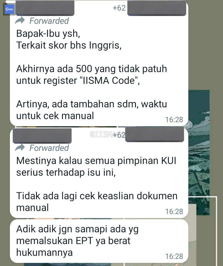 IISMAfess's tweet photo. IISMA! Ini pengumuman dari KUI univ sender... Serius kalian ada yang berani malsuin skor ept atau gak ngirim sertifnya ke IISMA? Emangnya gak takut ketauan? 🥲 https://t.co/PGTQULn5zz
