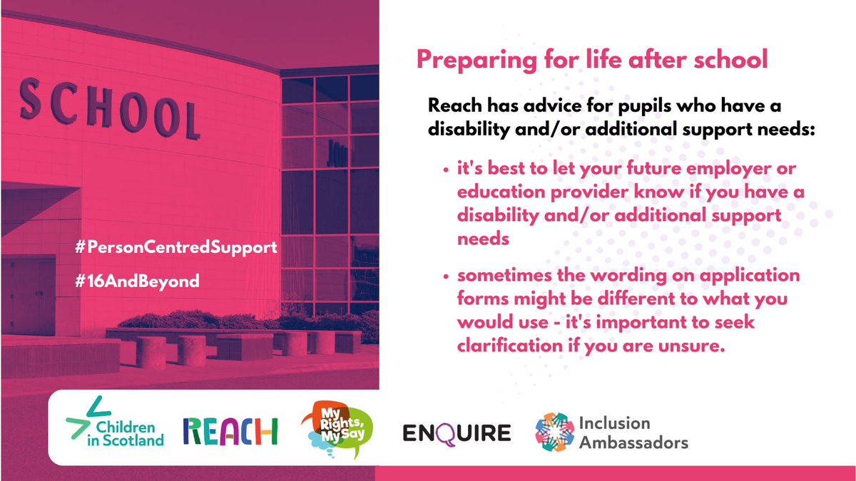 1/2

It’s day 4 of the #16AndBeyond campaign and we’d like to share some advice for pupils with a disability and/or additional support needs on preparing for life after school.

#PersonCentredSupport can be key.

Find out more at reach.scot/advice/leaving…