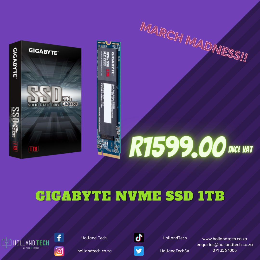 HollandTechSA's tweet photo. March Madness is here and we've got some exciting specials you won't want to miss! #MarchMadness #HollandTech @XvGSA #NVMEspecials #UpgradeYourStorage #FastAndReliable #GamingCommunity #ContentCreators #ComputerUpgrade #GigabyteSA https://t.co/cTcCEzia43
