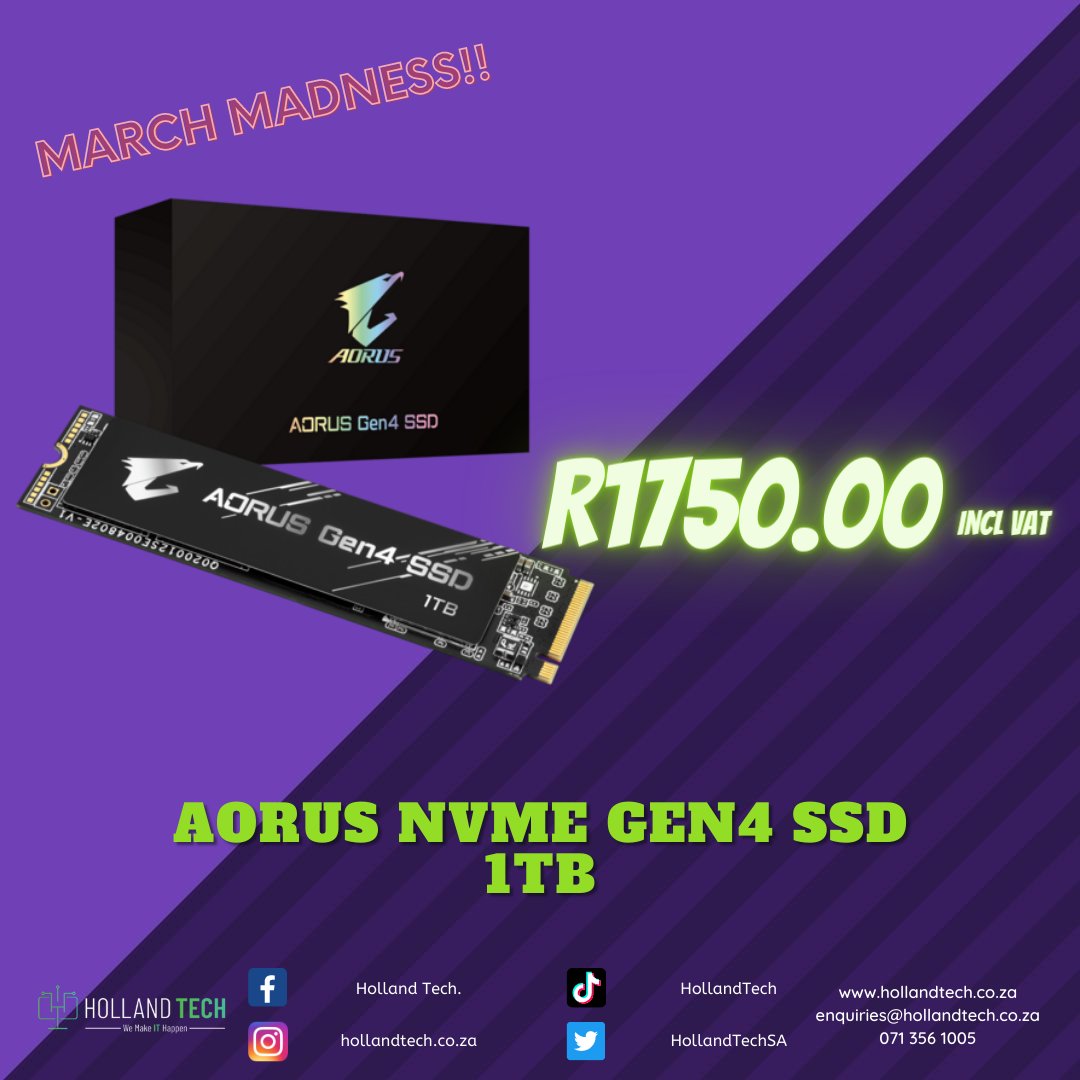 HollandTechSA's tweet photo. March Madness is here and we've got some exciting specials you won't want to miss! #MarchMadness #HollandTech @XvGSA #NVMEspecials #UpgradeYourStorage #FastAndReliable #GamingCommunity #ContentCreators #ComputerUpgrade #GigabyteSA https://t.co/cTcCEzia43