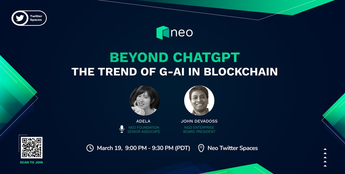 Neo Smart Economy (@neo_blockchain) on Twitter photo 💻 ChatGPT 4.0 is spiking a whole new wave of buzz. Looking beyond ChatGPT, what’s new with gAI? How can it contribute to the blockchain? Join <a href="/john_devadoss/">John deVadoss</a> in our upcoming Twitter Space for his views as an early expert in AI.
⏰ Join us x.com/i/spaces/1Mnxn… 💻 ChatGPT 4.0 is spiking a whole new wave of buzz. Looking beyond ChatGPT, what’s new with gAI? How can it contribute to the blockchain? Join <a href="/john_devadoss/">John deVadoss</a> in our upcoming Twitter Space for his views as an early expert in AI.
⏰ Join us x.com/i/spaces/1Mnxn…